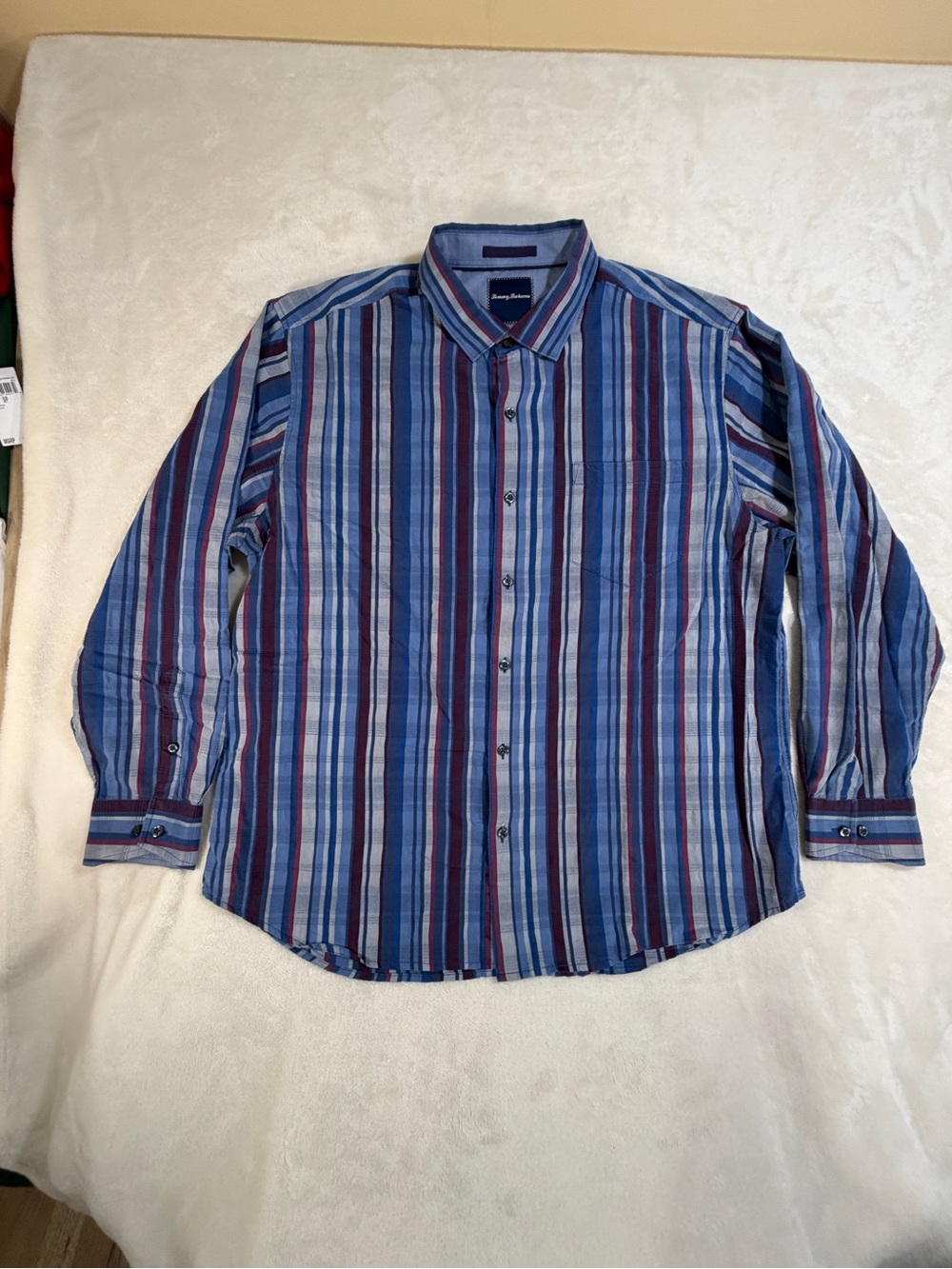 Tommy Bahama Blue and Maroon Striped Button-Down Shirt‎